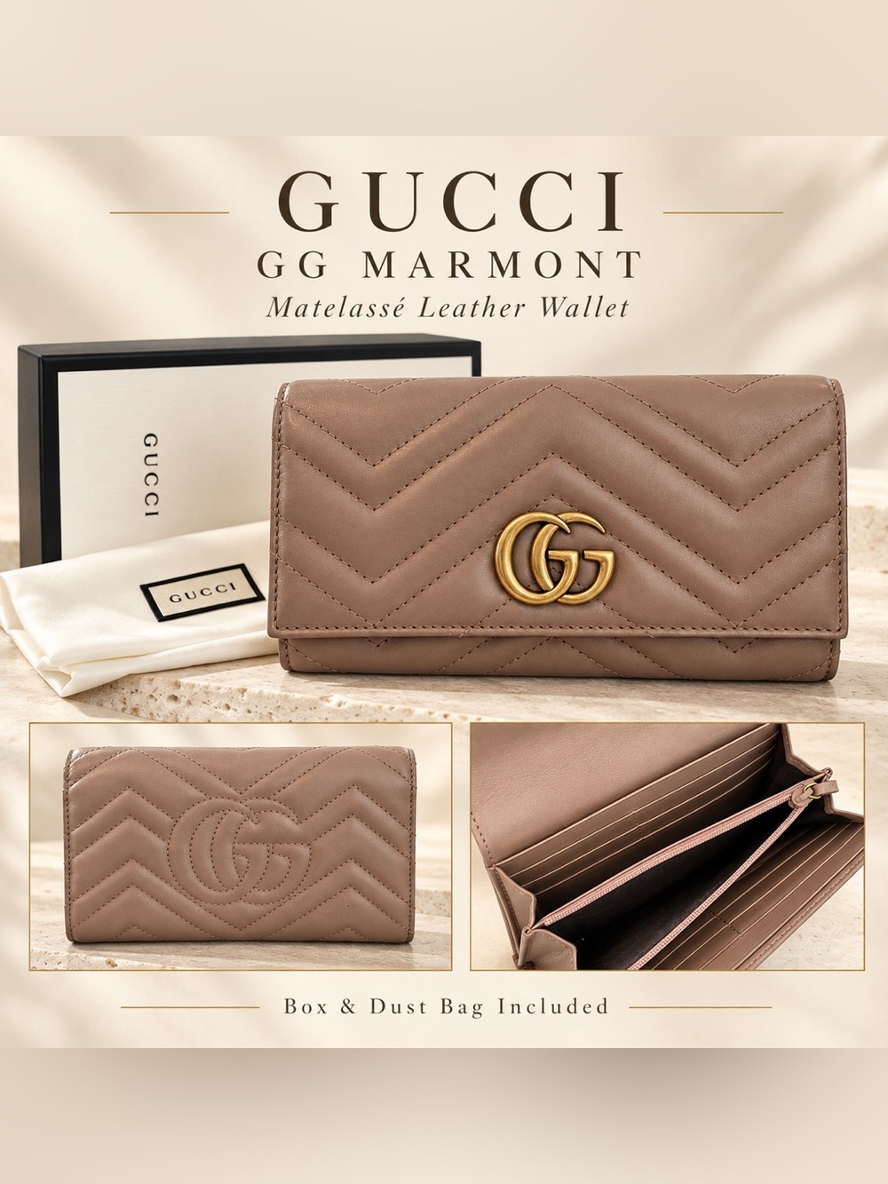 Gucci GG Marmont Matelassé Leather Continental Wallet Taupe Box & Dust Bag